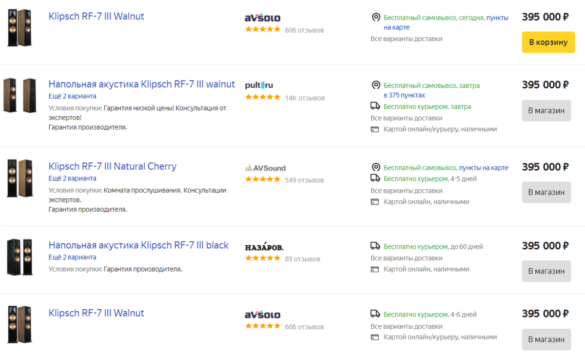 Средняя цена на Klipsch RF-7 III на маркете