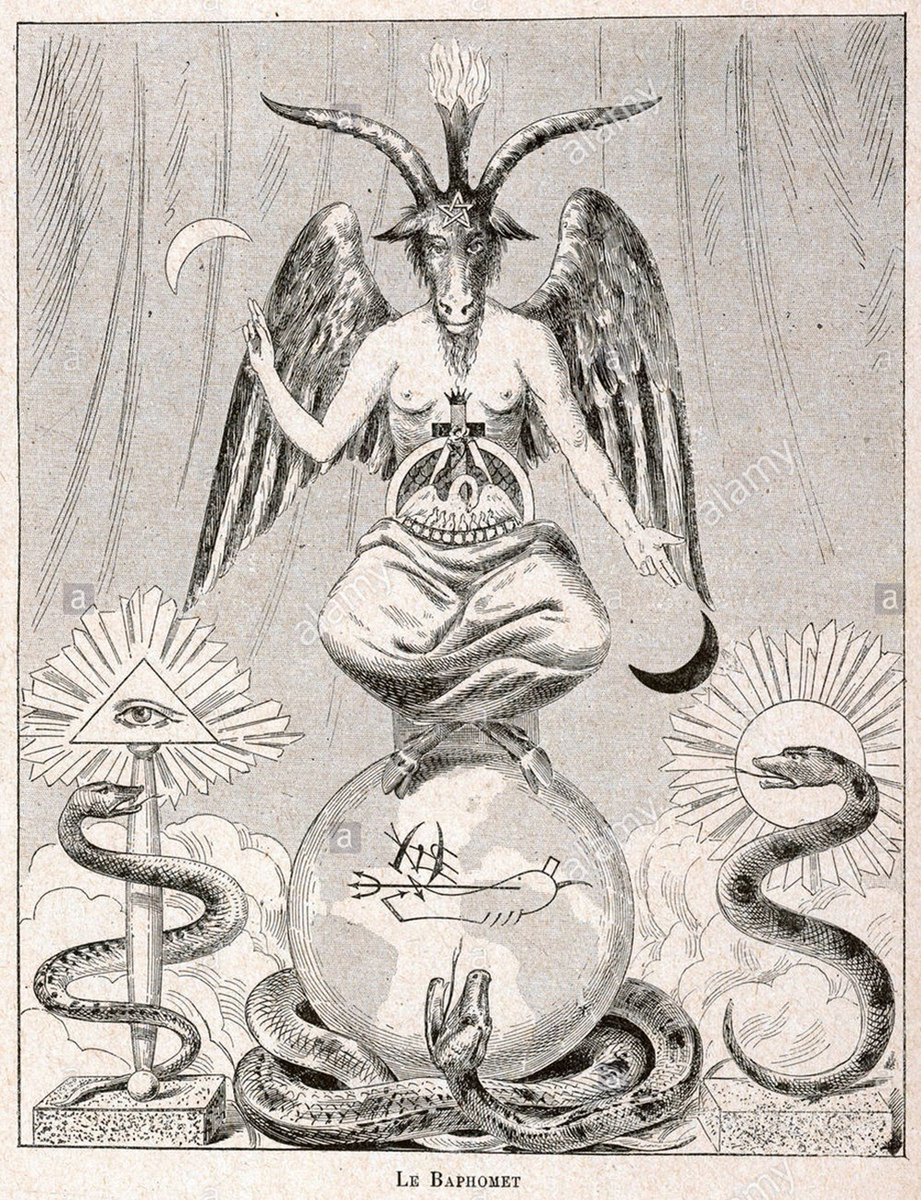 Символическое изображение Астрального Света или Света Звезд. Это есть падающий вниз (голова козла – это падающая вниз пятиконечная звезда) и содержащийся в резервуаре Гаввах, называемый «Бафометом». По обе стороны изображены две Змеи (одна из них – та, что с головой «Льва» - Солнцем - это од, а вторая – об), которые часто представлены двумя колоннами или минаретами в храмах существующих ныне религий. Эти две Змеи в одном из своих значений – это два класса-антагониста Клипот, непрестанно воюющие между собой, причем всегда руками человеческих масс, в результате чего «резервуар» Гаввах постоянно полон.