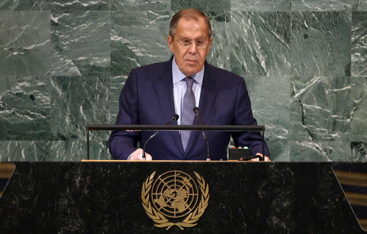    Министр иностранных дел РФ Сергей Лавров выступает на общеполитической дискуссии 77-й сессии Генассамблеи ООН  Валерий Шарифулин/ТАСС