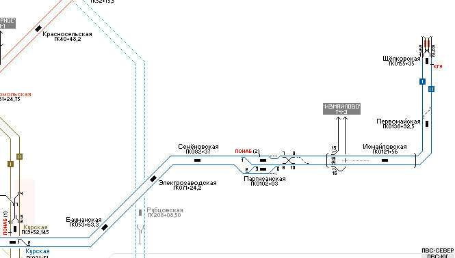Фрагмент схемы путевого развития Московского метро.   В центре стация "Партизанская".  Видно, что до станции всего два пути.  Третий путь появляется непосредственно перед платформой.  После станции вместо трех путей тоже остается только два.