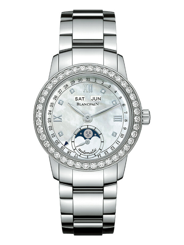Часы Blancpain LadyBird в 34 мм стальном корпусе с бриллиантами по безелю, с бриллиантовыми метками, индикатором лунных фаз, указателями даты, дня недели и месяца
