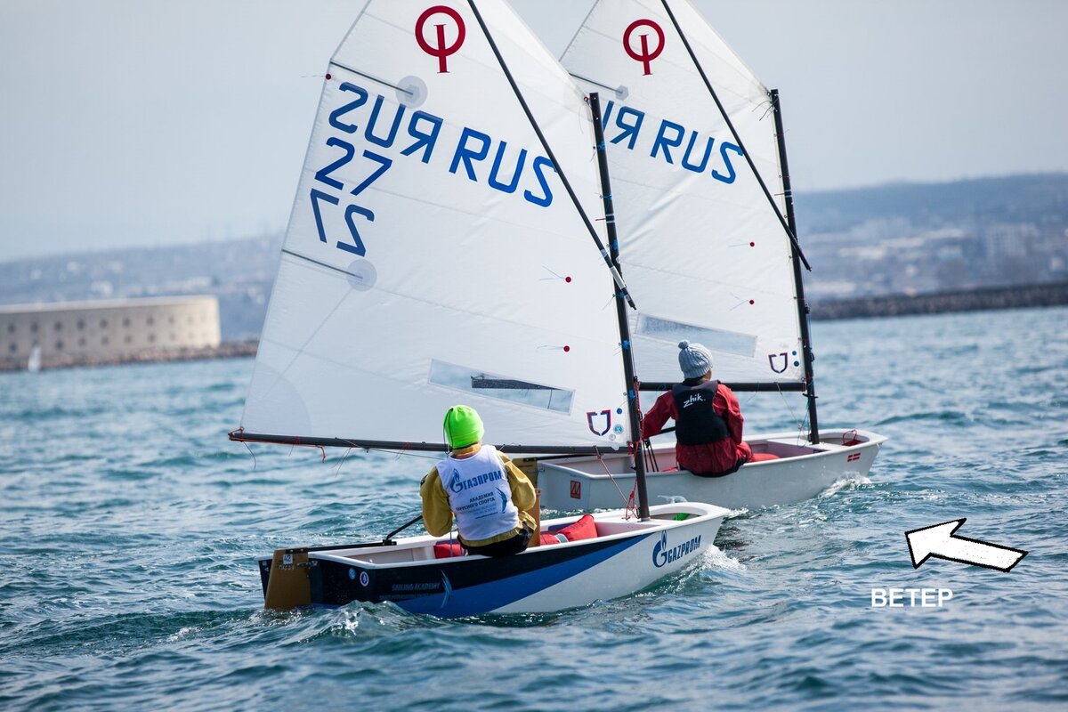 На тренировке яхтсмены детского международного класса яхт "Оптимист". Яхты идут круто к ветру, под острым углом. Курс называется бейдевинд правого галса, поскольку ветер приходит в паруса с правого борта под углом с носа, точнее с правой скулы