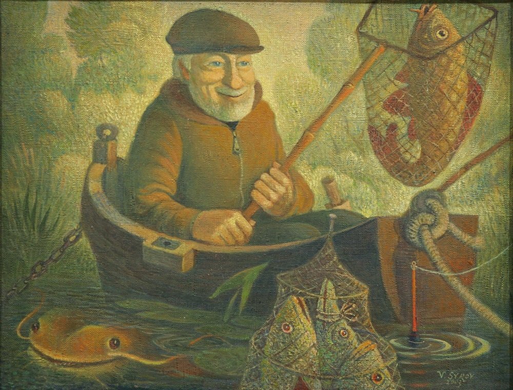 Дедушка ловит рыбу. Рыбак живопись.