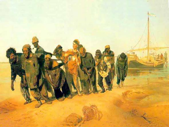 Бурла́к — наёмный рабочий в России XVI — начала XX веков, который, идя по берегу, тянул, с артелью, при помощи бечевы речное судно против течения. В XVIII—XIX веках основным типом судна, водимым бурлацким трудом, была расшива. Википедия