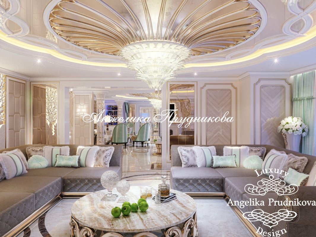 На фото: Дизайн-проект бежевой гостиной с фисташковыми акцентами в квартире в ЖК «Кутузовская ривьера»