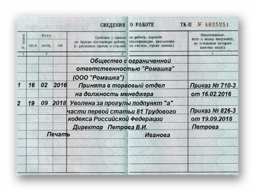 Уволена по собственному желанию нарушение. Пример записи в трудовой книжке об увольнении за прогул. Запись в ТК об увольнении за прогул. Увольнение за прогул Трудовая книжка образец. Запись об увольнении за прогулы в трудовую книжку образец.