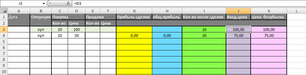 Формула для клетки 3J =D3