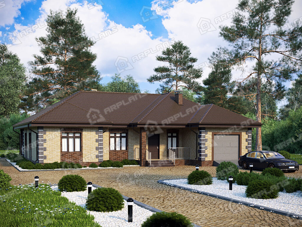 Фото 1 одноэтажного дома из газобетона с 3 спальнями, гаражом на 1 машину, газовой котельной и террасой до 200 кв м. Источник arplans.ru Проект К-248