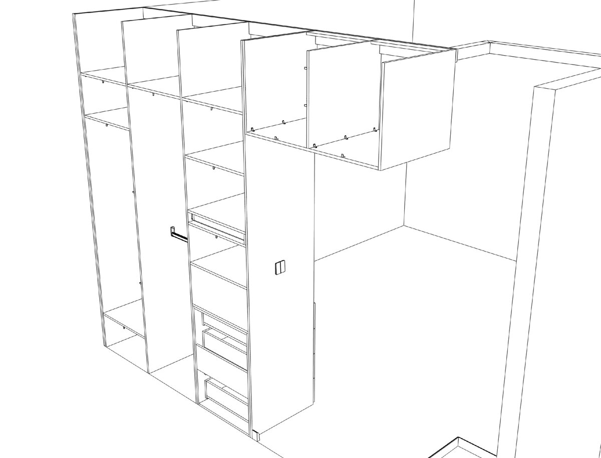На рисунке изображен стеллаж и сейф. Шкаф распашной с синими выдвижными шкафчиками. Как стеллаж изображают сверху.