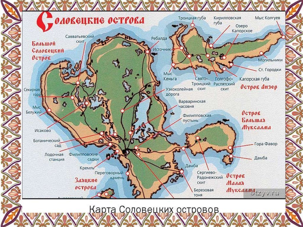 Карта Соловецких островов и расположенных на них основных достопримечательностей.