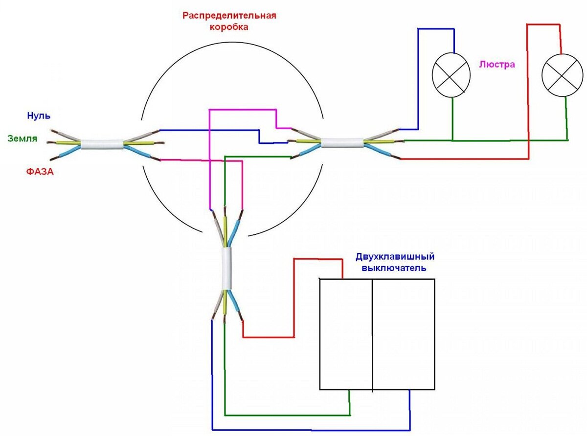 Выключатель двухклавишный подключение проводов на две лампочки схема подключения