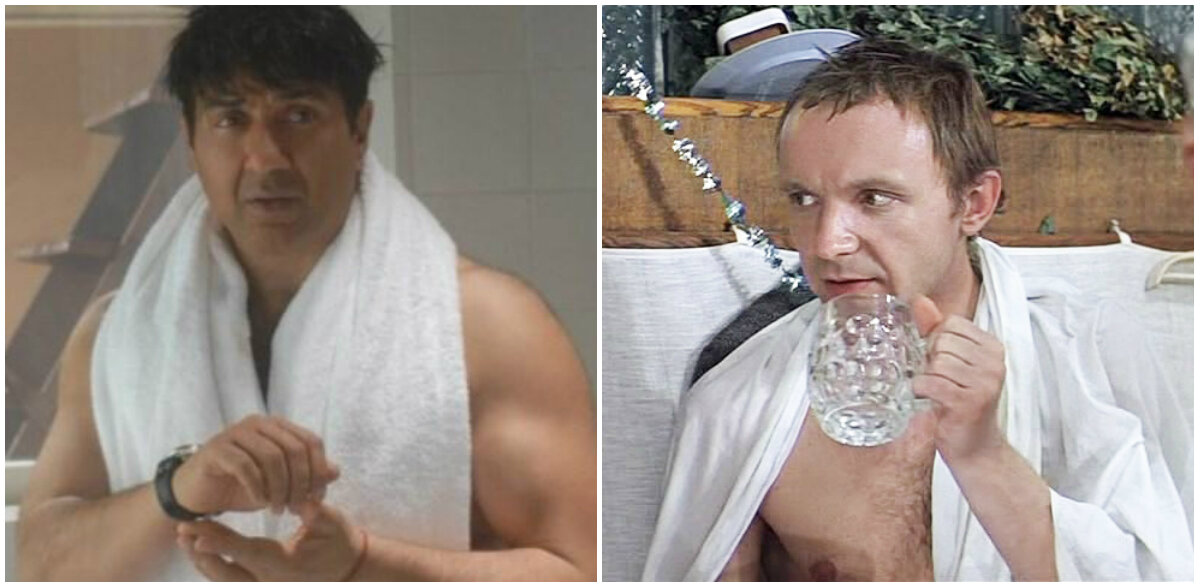 В роли Рандира - Санни Деол. В 2013-м ему было 57 лет! А по сюжету его герой, как и в оригинале, всё ещё не был женат. Андрею Мягкову было 37, когда он играл Лукашина. 