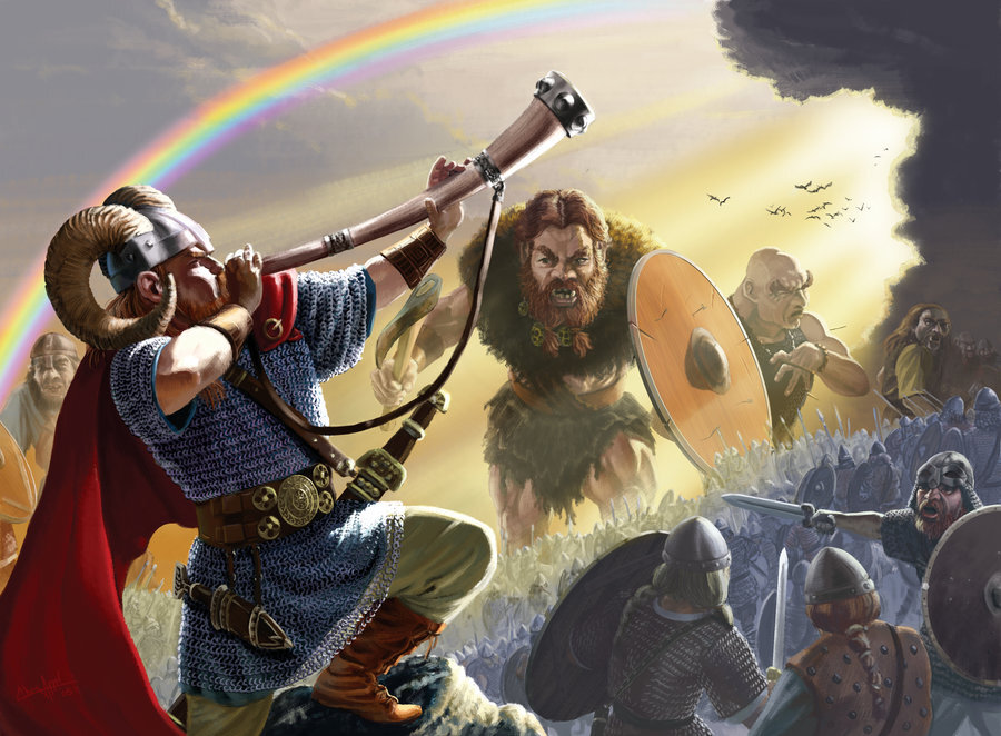 Хеймдалль вдохновляет армию Асгардцев в битве с великанами, йотунами // deviantart: Heimdall by ChrisAppel