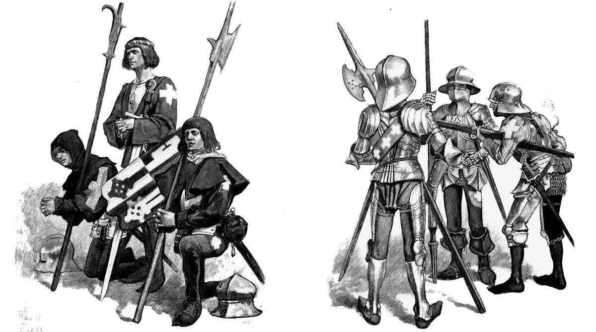Швейцарские алебардьеры в XV в. Гравюры XIX столетия