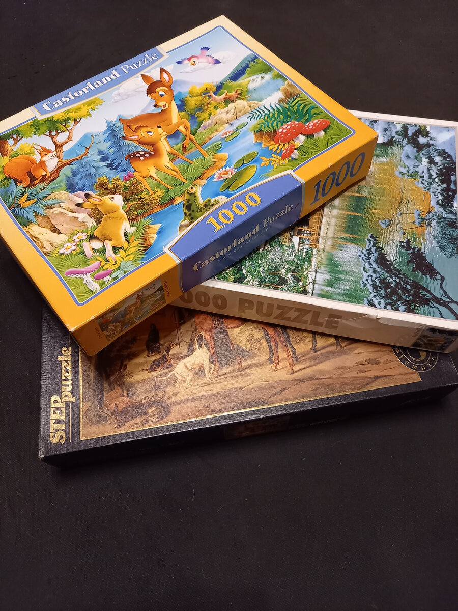 Большие наборы пазлов для взрослых на 1000 и 2000 деталей. Мои подарки своим взрослым детям в разное время. Сейчас хранятся в родительском доме. Иногда в длинные каникулы, мы раскладываем старинный стол-книжку, вываливаем детали из коробки и всей семьёй устраиваемся возле стола. Занятие затягивается на несколько дней.