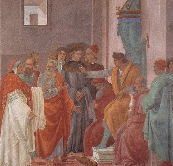 Апостолы Павел и Петр противостоят Симону Волхву перед Нероном, нарисовано Филиппино Липпи 