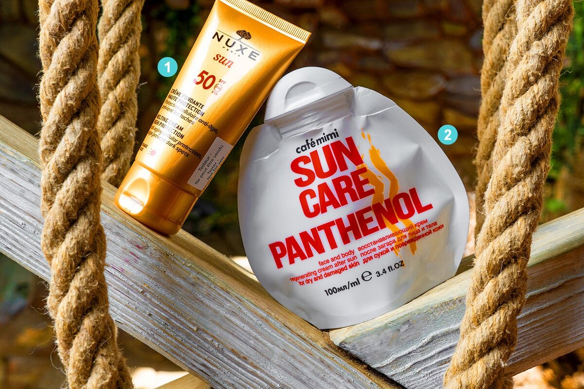 1. СОЛНЦЕЗАЩИТНЫЙ КРЕМ SPF 50 NUXE 2. ВОССТАНАВЛИВАЮЩИЙ КРЕМ ПОСЛЕ ЗАГАРА С ПАНТЕНОЛОМ CAFÉ MIMI