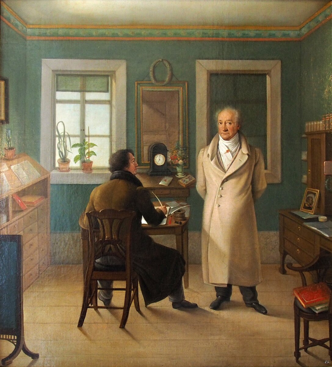 Гёте диктует своему секретарю. Иоганн Йозеф Шмеллер (1831). 
Здесь видна только длинная конторка у стены.