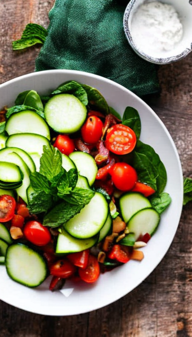 salat na tarelke iz ogurtsov, tomatov, repchatogo luka i myaty