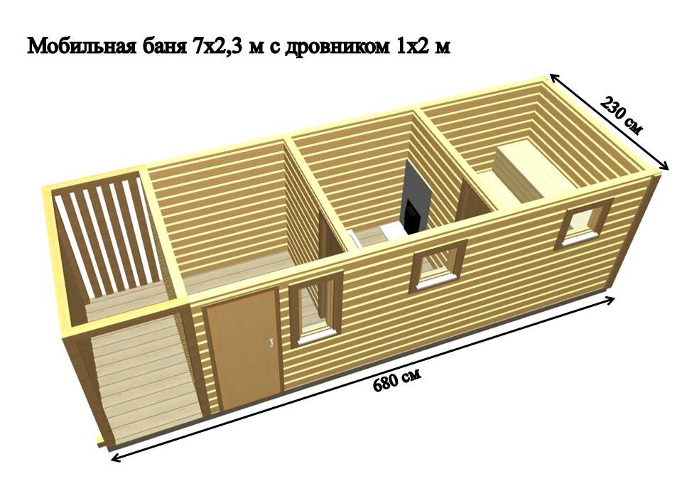 Мобильная Баня - Бытовка 7х2,3м с дровником. 