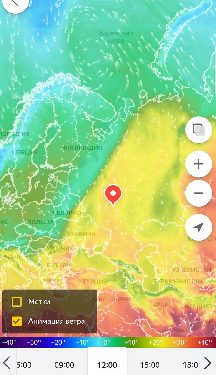 12 мая, 12 часов дня. Видно, как проходит граница "зима-лето" через восток Белорусии, Тверскую и Новгородскую области, запад Украины. Скриншот с Яндекс.Погода