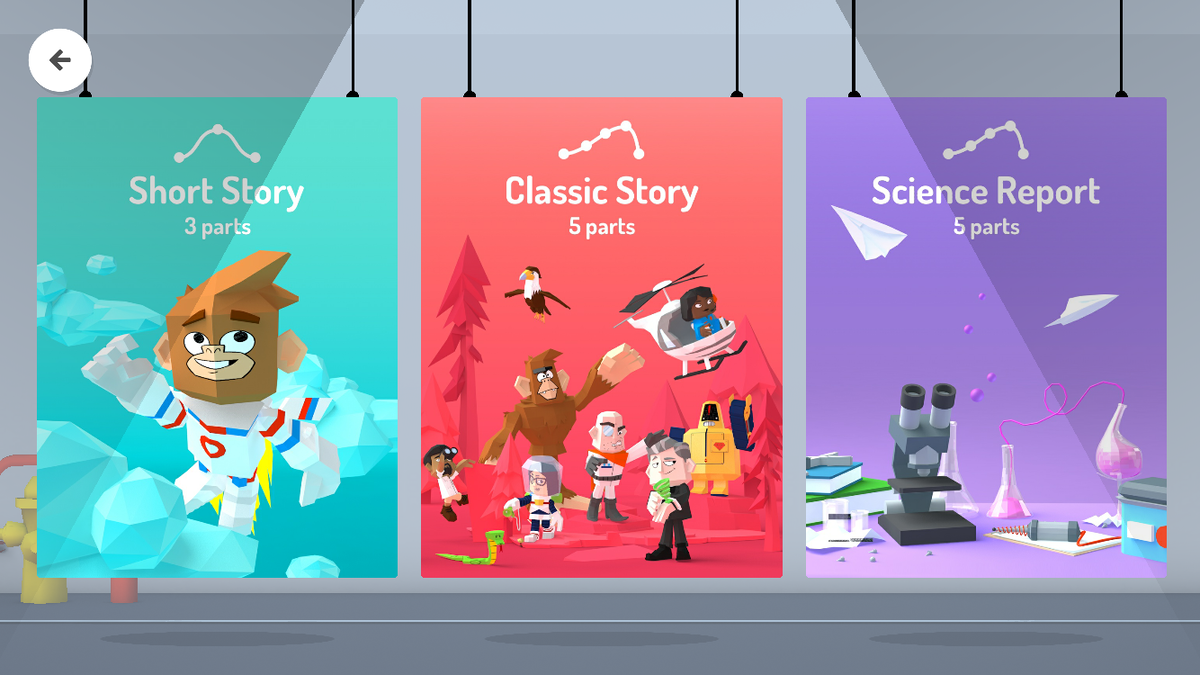 Имеется три шаблона для создания мультфильма: Shot Story, Classic Story, Science Report.