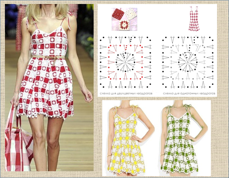Летние сарафаны схемы. Сарафан крючком из квадратных мотивов.