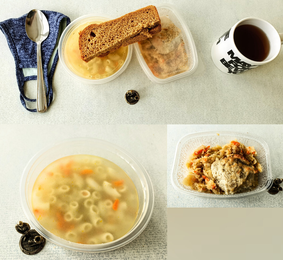 Суп из макарон; куриная котлета с тушёной капустой