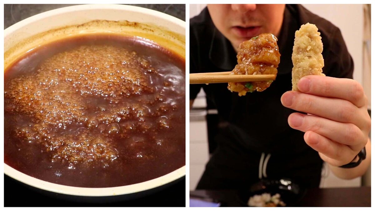 Густой соус и курица - в руке после фритюра, на палочках покрытая соусом