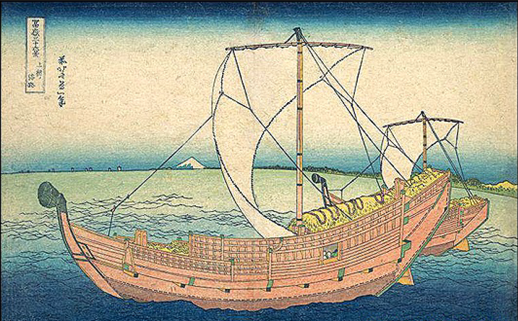 Японское прибрежное судно. Из серии "Тридцать шесть видов Фудзи". Художник: Кацусика Хокусай , 1760-1849 Токио (Эдо). 