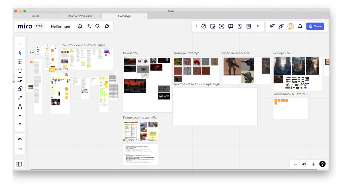 Пример борда по игре Hellbringers в Miro.