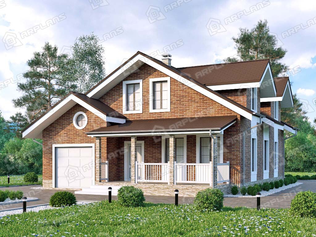 Фото 1 двухэтажного дома из блоков с мансардой, 4 спальнями, газовой котельной, гаражом и террасой. Общая площадь 209 кв м. Источник arplans.ru Проект К-271