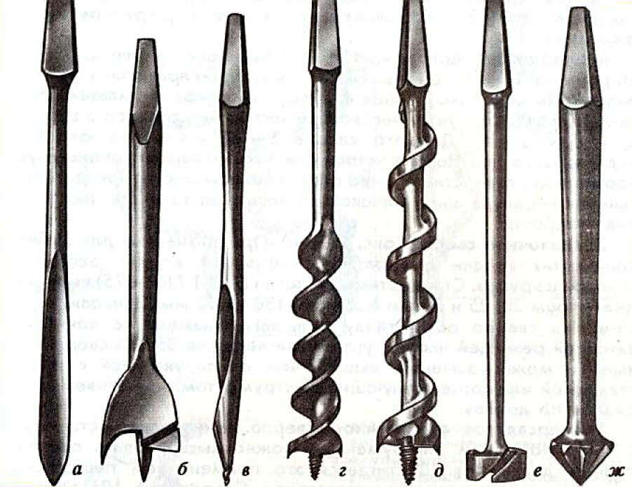 Основные типы сверл по дереву: а - ложечное; б - центровое; в - улиткообразное; г - винтообразное витое; д - винтообразное шнековое; е - бесцентровое; ж – зенковочное