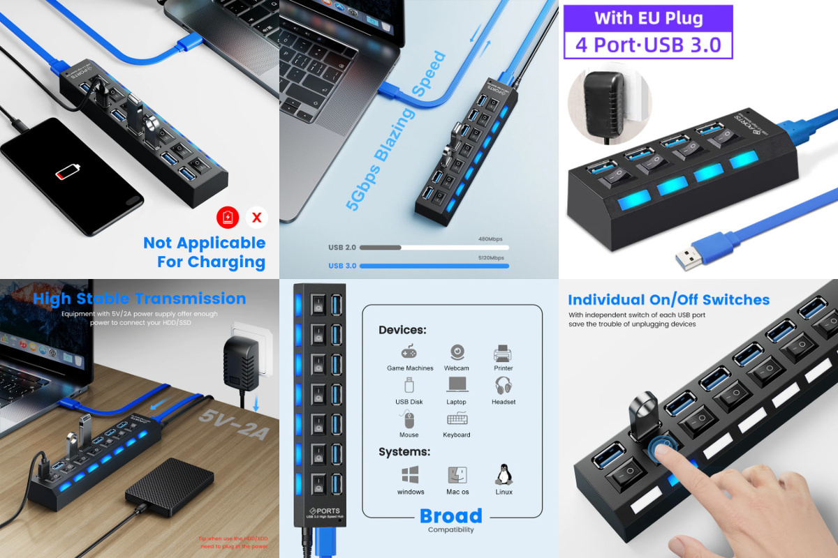 Подобного рода USB-разветвители необходимы в первую очередь тем, кто оказывает различные услуги связанные с печатью или редактированием фото/видео. Подключаются разветвители с помощью USB-разъема, при этом количество доступных портов варьируется от 4 до 7. Каждый из дополнительных портов можно включить/выключить. Подключается он к электрической сети напрямую, что позволяет снизить нагрузку на ПК или же батарею ноутбуку.
