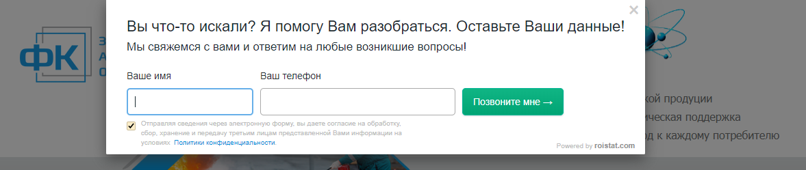 Форма захвата лида сервиса RoiStat на сайте fk-him.ru