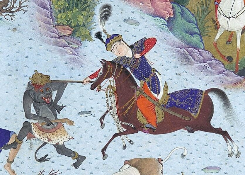 Миниатюра «Тахмурас побеждает дивов» из Шахнаме. Султан Мухаммед. 1526 год.