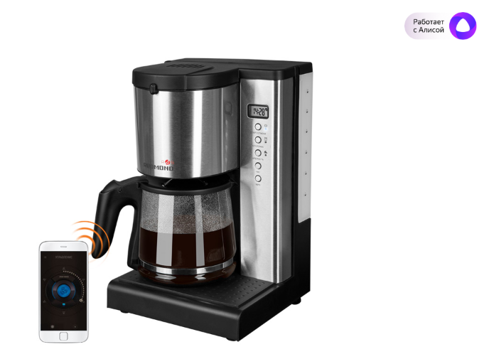 Кофеваркой можно управлять со смартфона или задавать ей конкретное время, к которому нужно приготовить кофе. 
