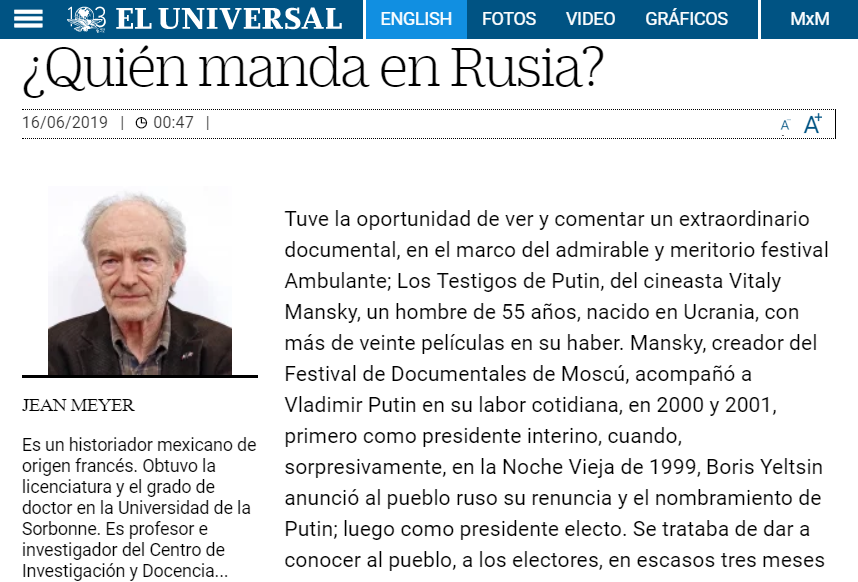 Мнение мексиканского историка о власти в России, а также о документальном фильме В.Манского "Свидетели Путина"