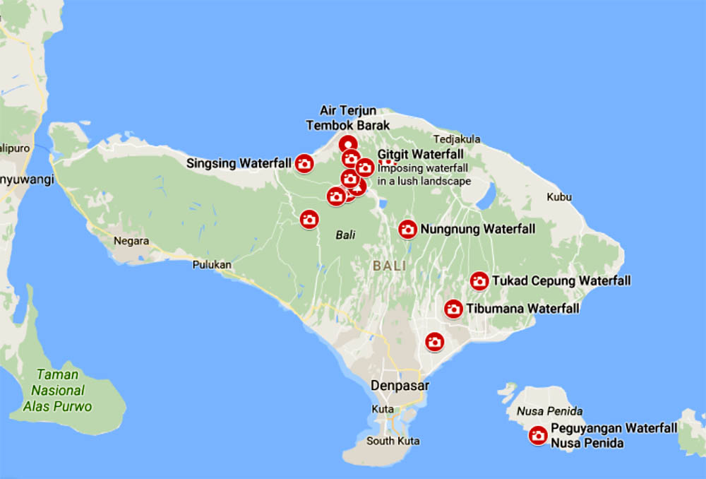 Карта осадков бали. Водопады на карте. Бали на карте. Бали гугл карты. Водопады на карте острова Бали.