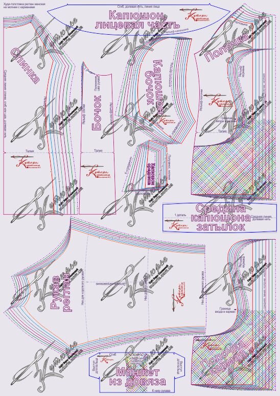 Уменьшенные рисунки выкроек толстовки женской