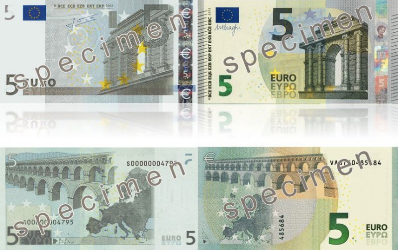 
5 евро. Серия 2002 г. (слева) и 2013 г. (справа)