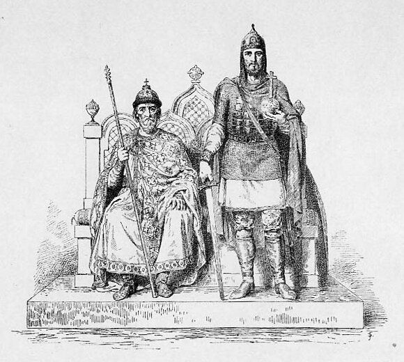 Великий князь Изяслав Мстиславич (стоит) и его дядя Вячеслав Владимирович (сидит).  Художник В.П. Верещагин.