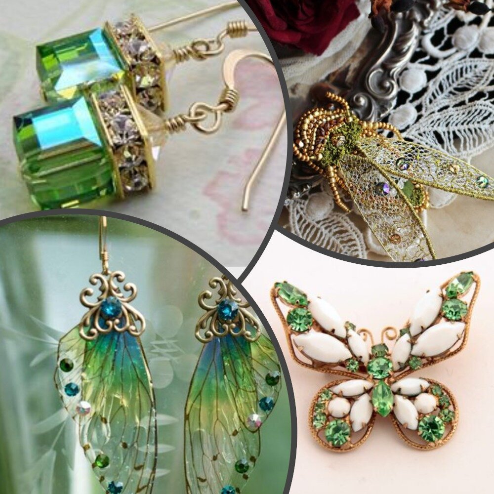 1. Серьги с турмалином. 2. Стрекоза с вкраплением малахита. 3. Серьги в виде крыльев бабочки. 4. Изумрудно-жемчужная бабочка