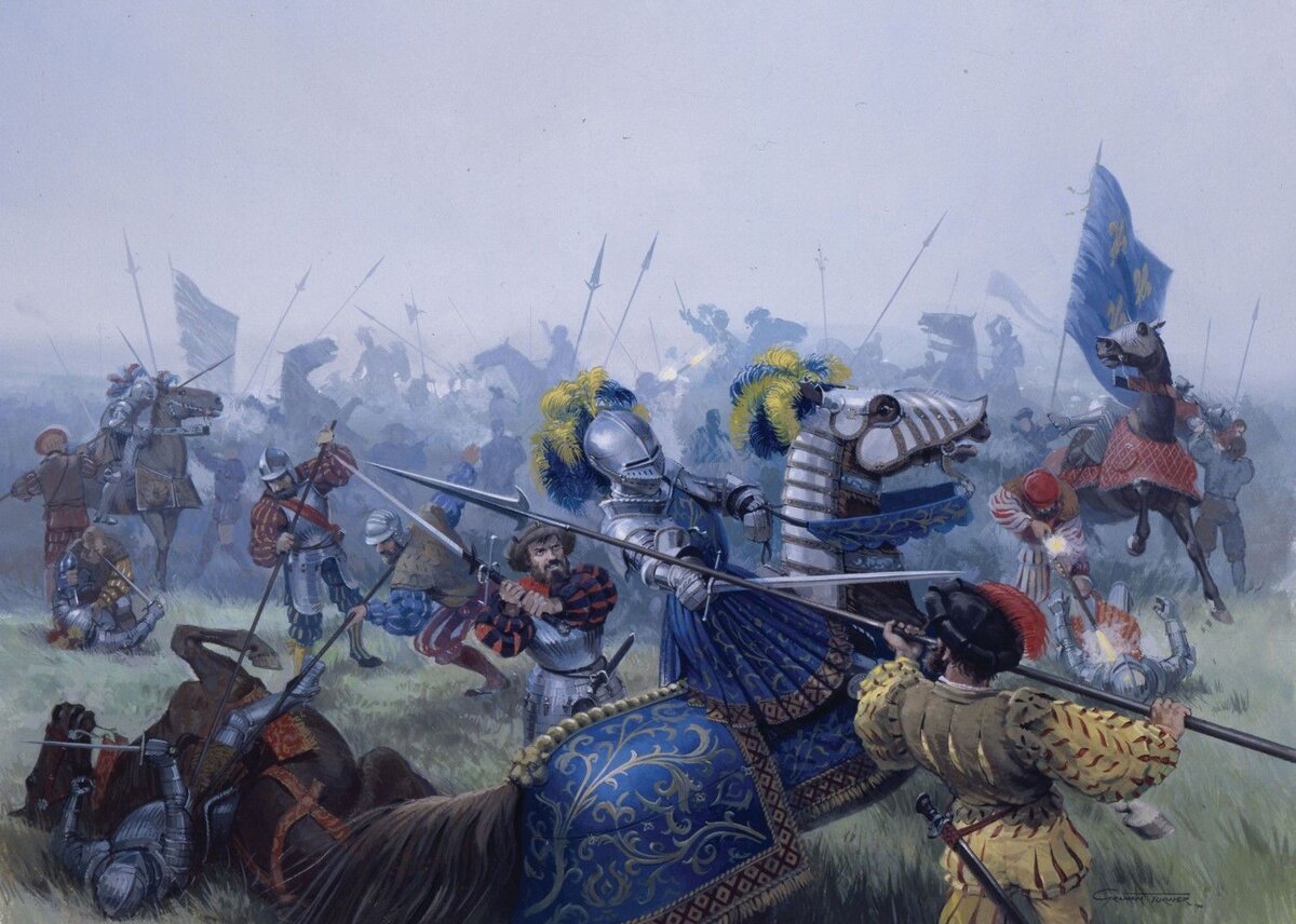 Жандармы влетели в пехоту. Просто так латника не убьешь - приходится стаскивать его с коня, а там искать хоть какую-то щель или срочно нести что-то бронебойное.