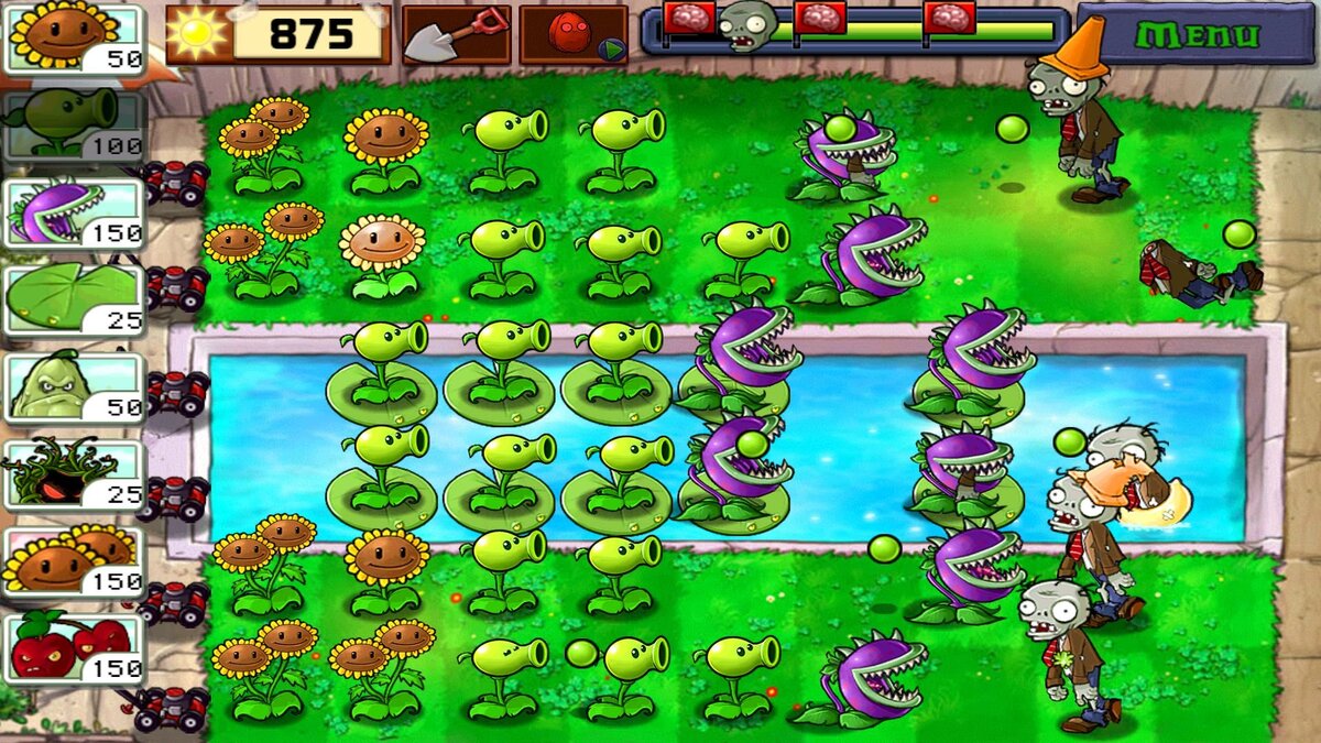 К концу уровня весь сад бывает усеян разными видами растений. А количество зомби увеличивается