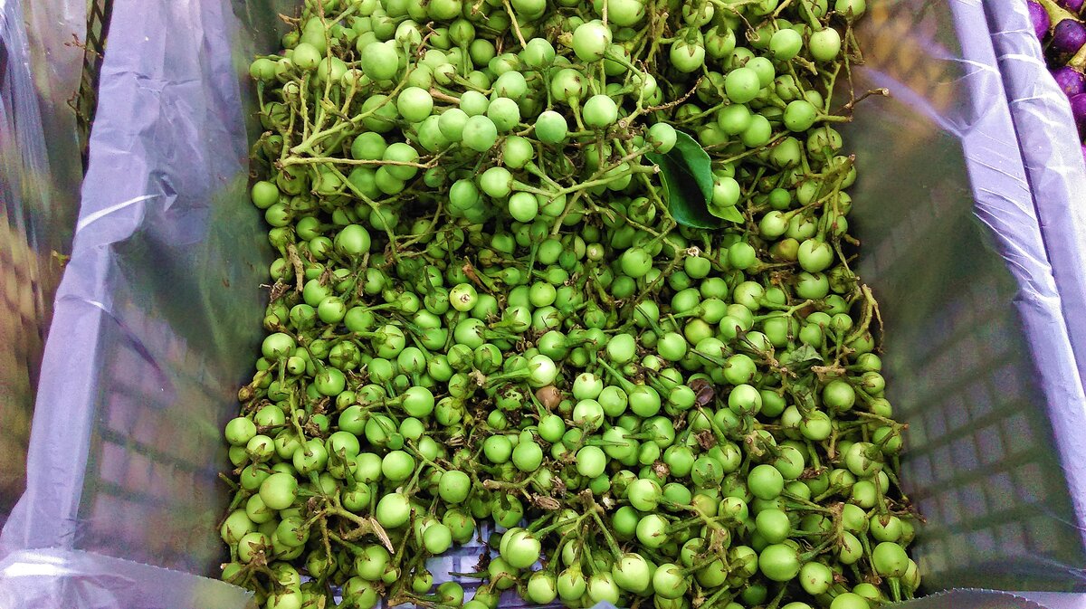 Вот такие крошечные кругленькие баклажанчики есть в любом тайском супермаркете!