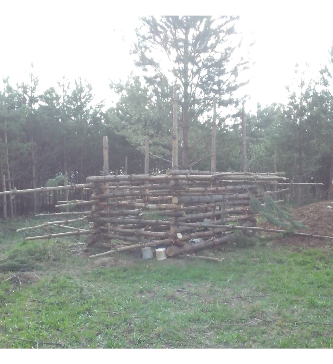 Фото в процессе сборки. Щели между бревен большие, но это не страшно.