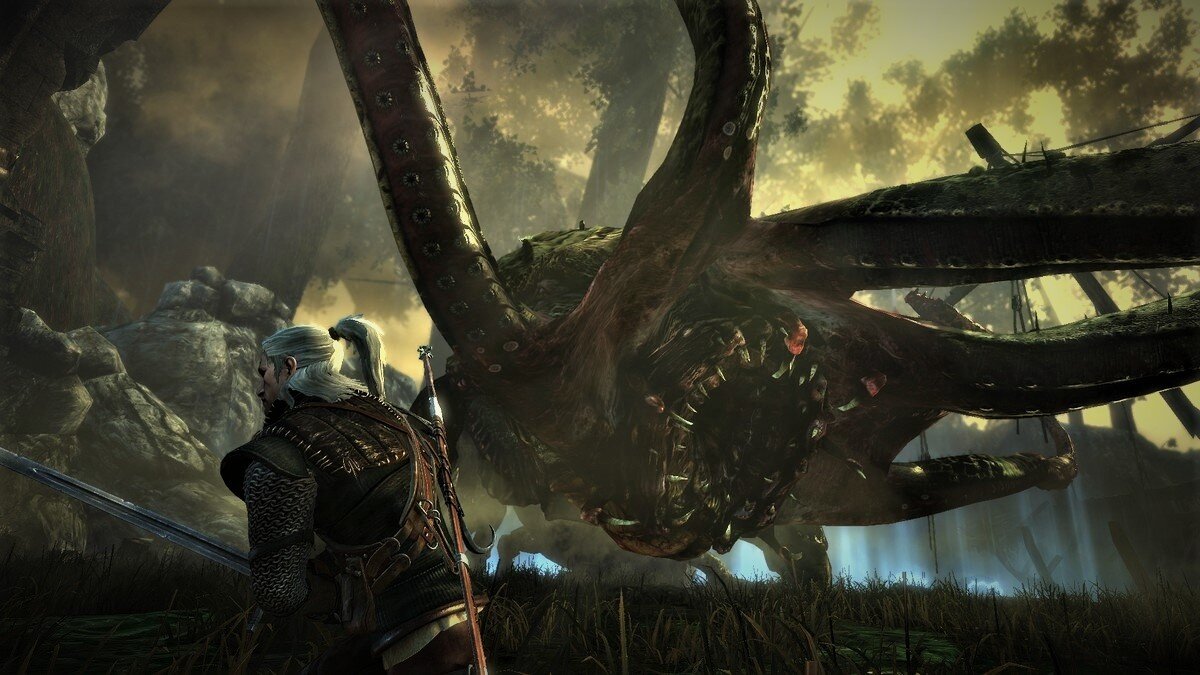 Эта "милая зверушка" - кейран, что вроде кракена, которого ведьмаку предстоит выманить на сушу и укокошить во второй части игры...