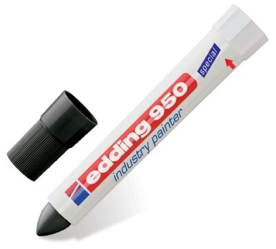 Маркер для промышленной графики edding 950 предназначен для нанесения перманентных надписей на любые гладкие и шершавые поверхности. Маркер является универсальным, он идеально подходит для работы по сложным поверхностях, например по влажному дерево, грязному и ржавому металлу, по пленке, бетону. кирпичу и кафелю.

Надпись, нанесенная маркером edding 950, устойчива к выгоранию, к смыванию водой, истиранию механическим путем.
