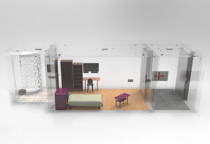 
Макет камеры С-2Камера состоит из двух комнат: жилого блока (5х3 м) и ванной комнаты (2х2 м). Высота потолков - 3 метра.Стены, пол и потолок изготовлены из железобетона и оснащены креплениями для навесных защитных панелей (см. выше).Допускается окраска стен или оклейка обоями. Стены в ванной - только крашеные. Отделка пола в жилой комнате - линолеум. Пол в ванной выложен кафельной плиткой.Вентиляция: выход венткороба, размером 15х15 см, размещён в потолке, перекрыт решеткой. Предусмотрена возможность перенаправления отводимого потока воздуха в фильтровентиляционную систему. Возможна подача в камеру газообразных транквилизаторов.Оборудование ванной комнаты: Совмещенный санузел, душевая кабина и стальная раковина с шаровым смесителем. Большое настенное зеркало из зеркального акрила ПММА, пластиковая полка для личных вещей. Предусмотрена возможность перенаправления стока в фильтрующую систему.Лампы освещения и видеокамеры закреплены на потолке. В конструкции ламп предусмотрены крепления для светофильтров. На стене у входа в камеру установлен интерком.Камера оснащена спринклерной системой пожаротушения.Мебель. Кровать стальная "панцирная" с матрасом, привинченная к полу. Два стула и два стола - письменный и кофейный столик, изготовленные из АБС-пластика. Тумбочка и шкафчик для личных вещей. Стеллаж для книг. Телеэкран в стенной нише, закрытой бронестеклом, подключённый к DVD-плееру, аудиосистема.Люк мусоропровода расположен в стене.